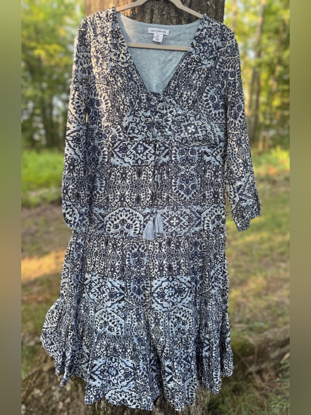 Lucky Brand Blue Printed Tiered Midi Dress | Tassel Split V-Neck - NWOT⁠